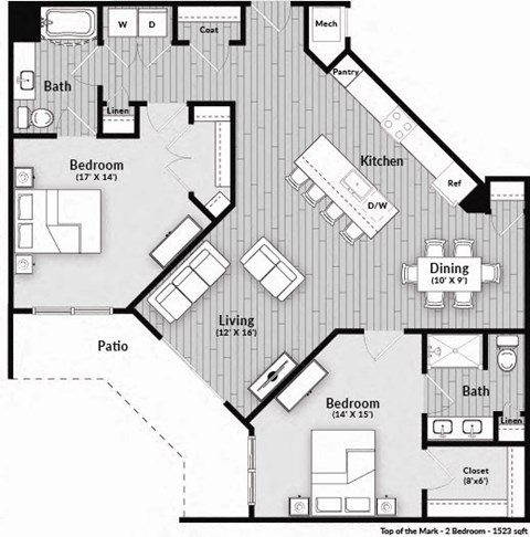 Floor plan for 2 beds, 2 baths, 1523 sqft
